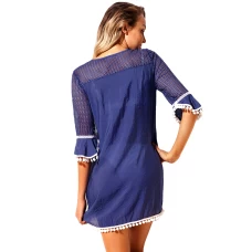 Royal Blue Crochet Insert  Pom Pom Trim Tunic Cover Up Dress 